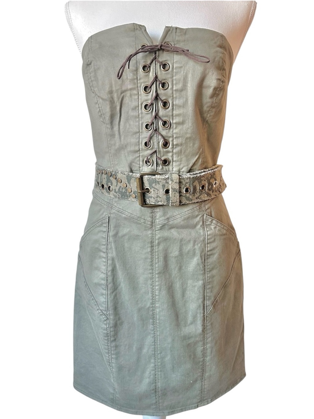 Vintage Y2K Guess Strapless Lace-Up Army Green Mini Dress Studded Camo Belt